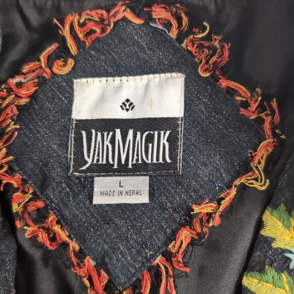 Yak Magik Denim Jacket Collar Embroidered Floral Fringe Sequin Blazer Blue Red L - Picture 2 of 16